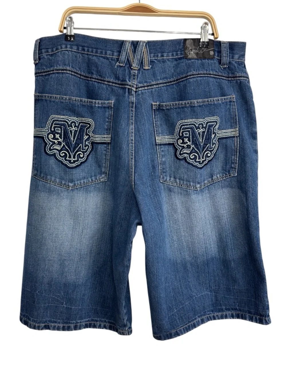 Makaveli Tupac Denim Shorts Size 40 Y2K Embroidered Logo Baggy Blue Jean Shorts